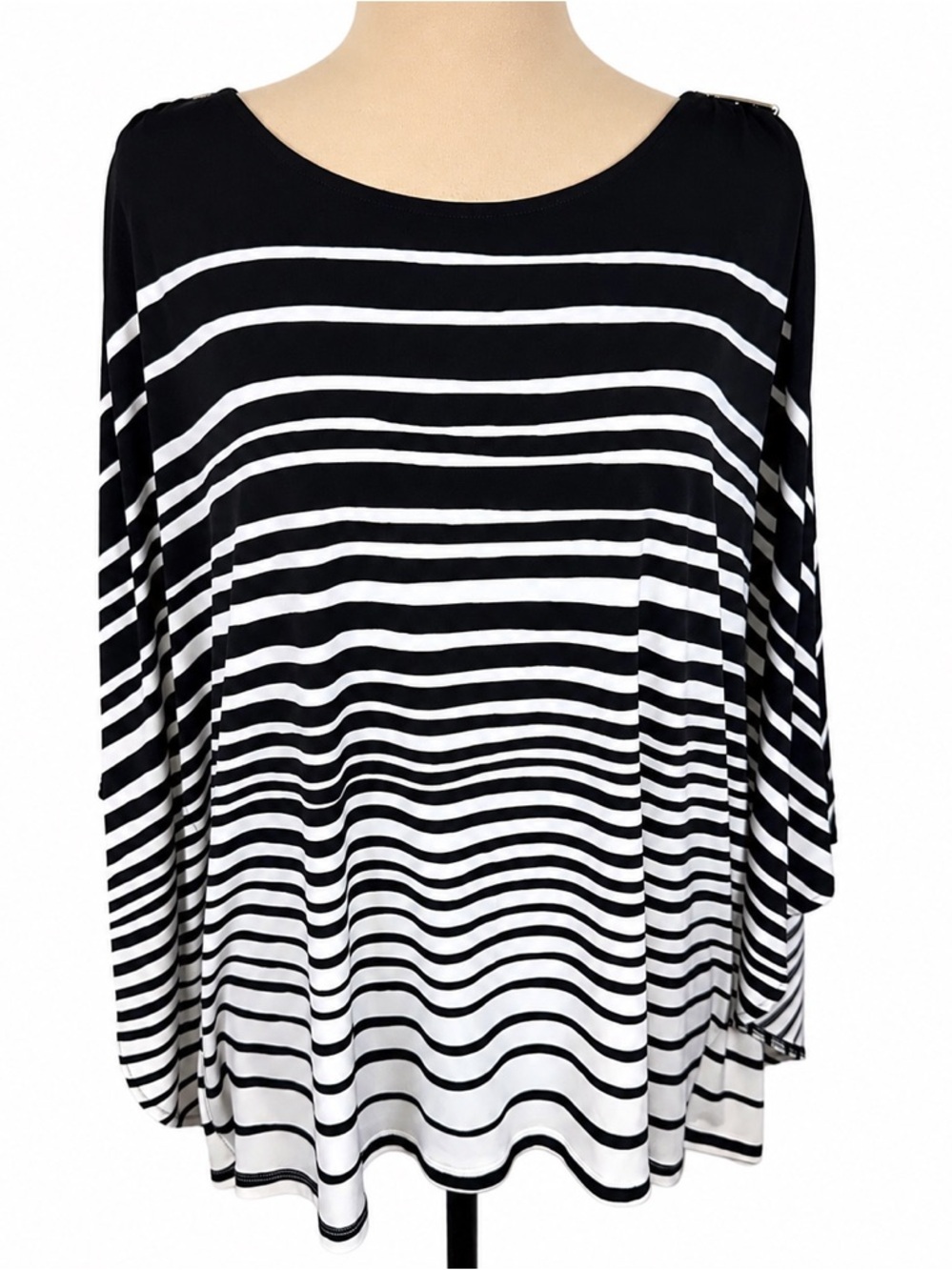 Chicos Black & White Striped Poncho Blouse Top L/XL Cold Shoulder Cape Sleeve
